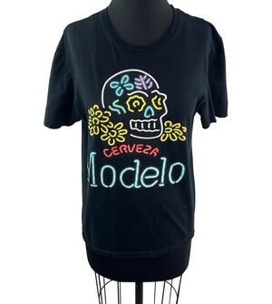 MODELO Cerveza Black Top Cotton Neon Skull Floral Graphic Crew Tee Size Medium M